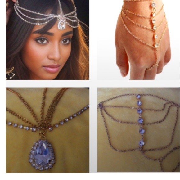 Jewelry - Rhinestone Headpiece and Finger Hand Harness Chain Bracelet